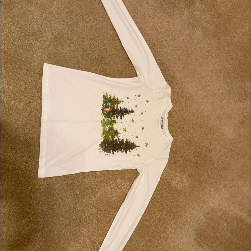 J. Crew White Long Sleeve Tee with Tree Design